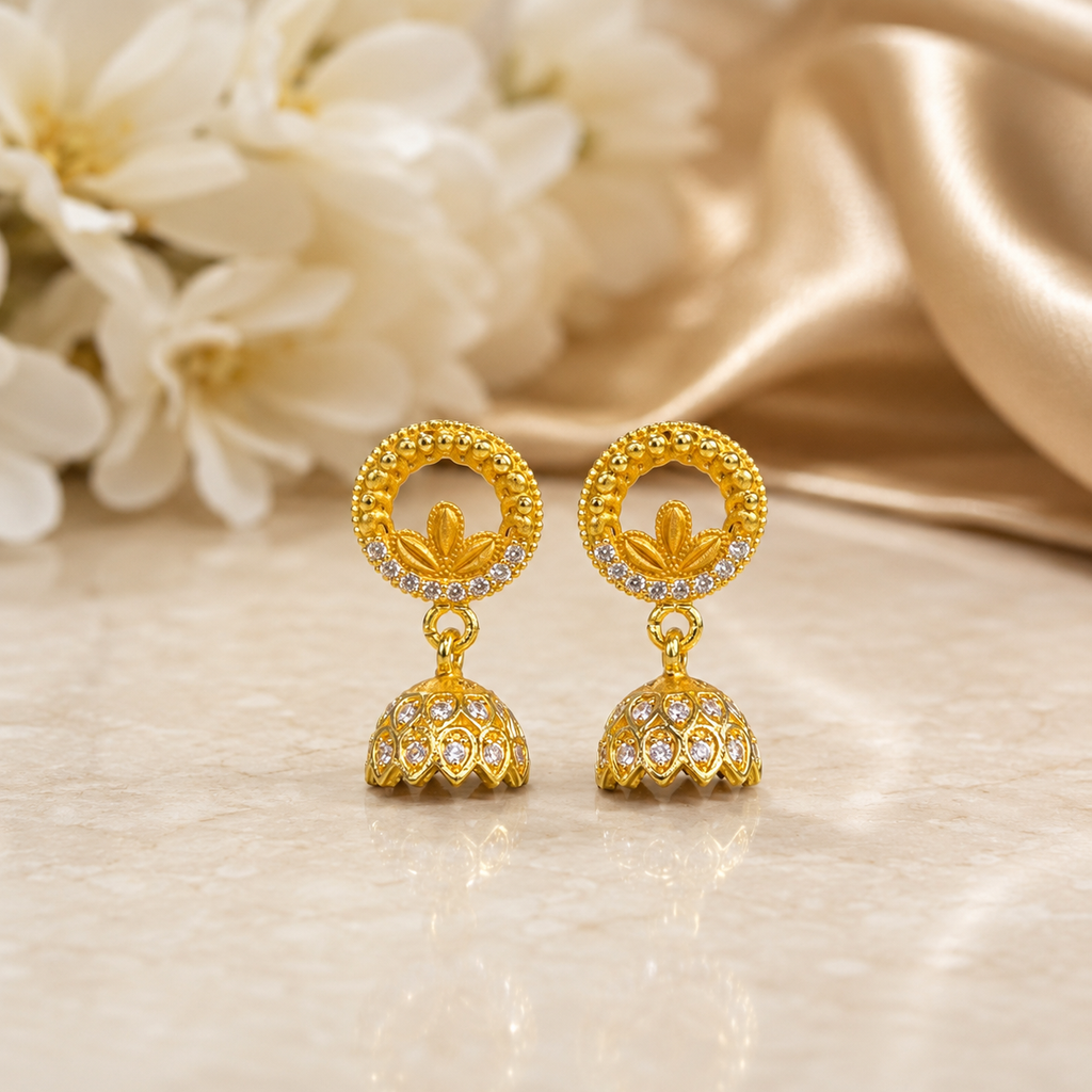Traditional Gold-Plated Lotus Jhumka Earrings with Sparkling Stone Work