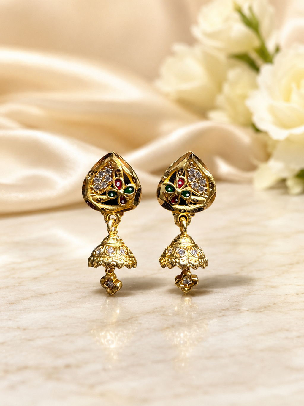Traditional Multicolor Floral Leaf Jhumka Earrings – Gold Tone
