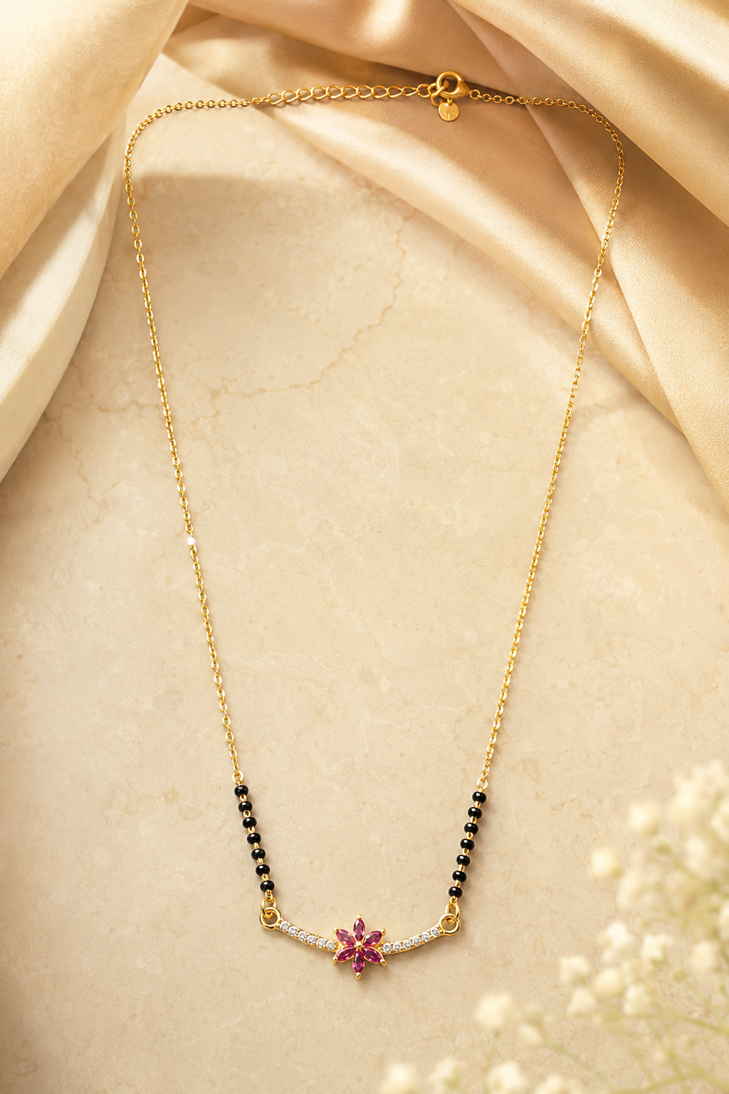 Gold-Plated Pink Floral CZ Mangalsutra for Women | Ruby Flower Pendant Black Bead Chain Necklace | Elegant Daily Wear Traditional Jewellery