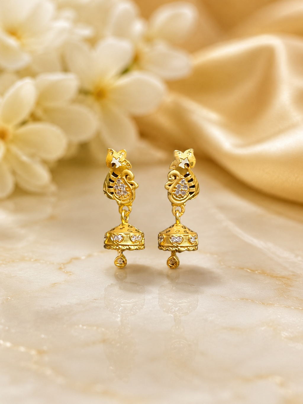 Elegant Gold-Tone Peacock Jhumka Earrings with Crystal Detailing