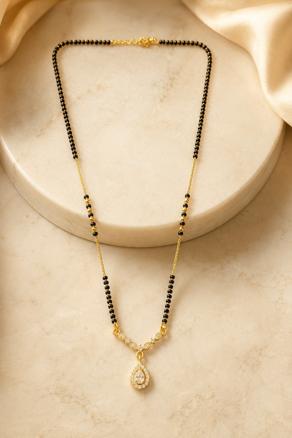 Gold-Plated CZ Teardrop Pendant Mangalsutra for Women | Elegant Black Bead Chain Necklace | Minimal Daily Wear Traditional Jewellery