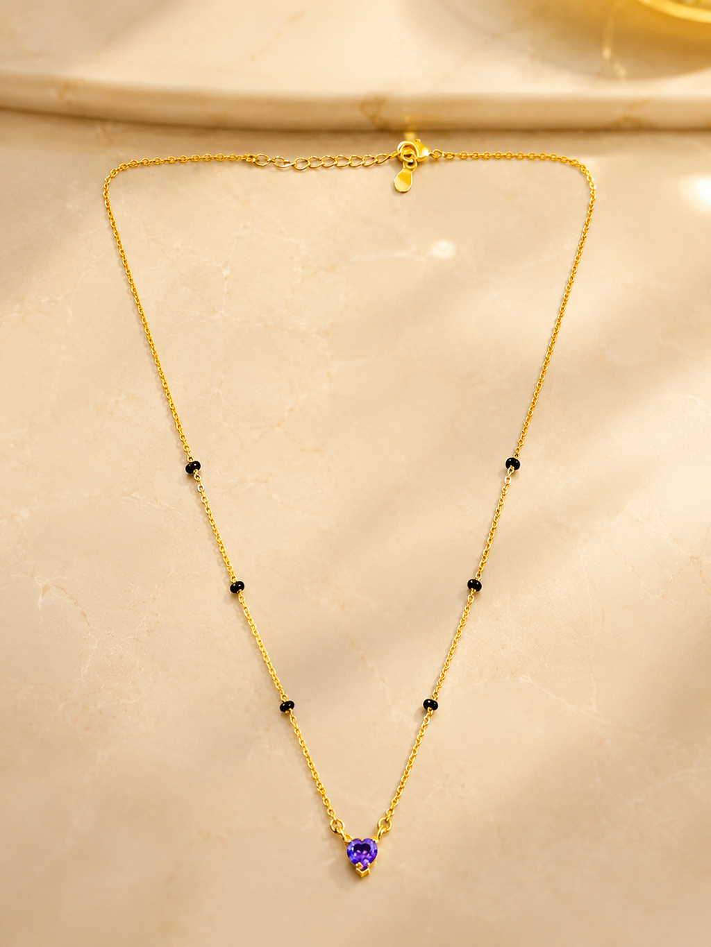 Gold-Tone Black Bead Blue Heart Pendant Mangalsutra Necklace for Women