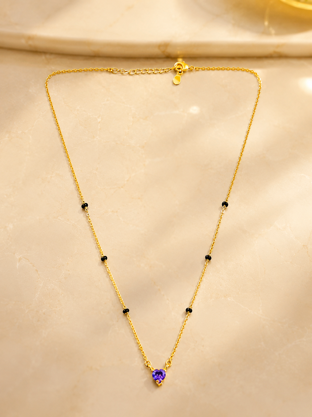 Gold-Tone Black Bead Blue Heart Pendant Mangalsutra Necklace for Women
