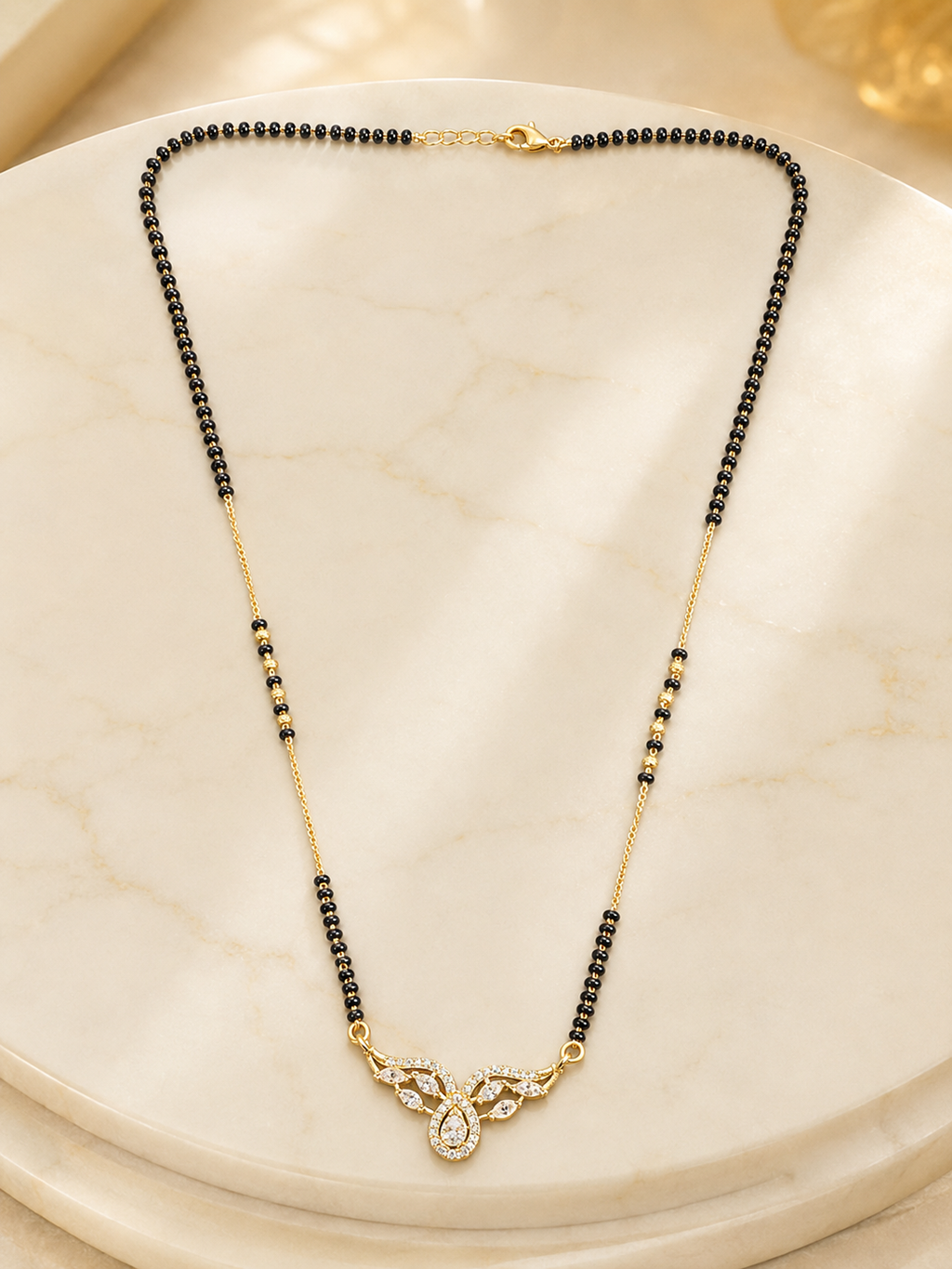 Elegant Gold-Plated CZ Leaf Teardrop Mangalsutra for Women | Minimal Black Bead Chain Necklace | Traditional Daily Wear Jewellery