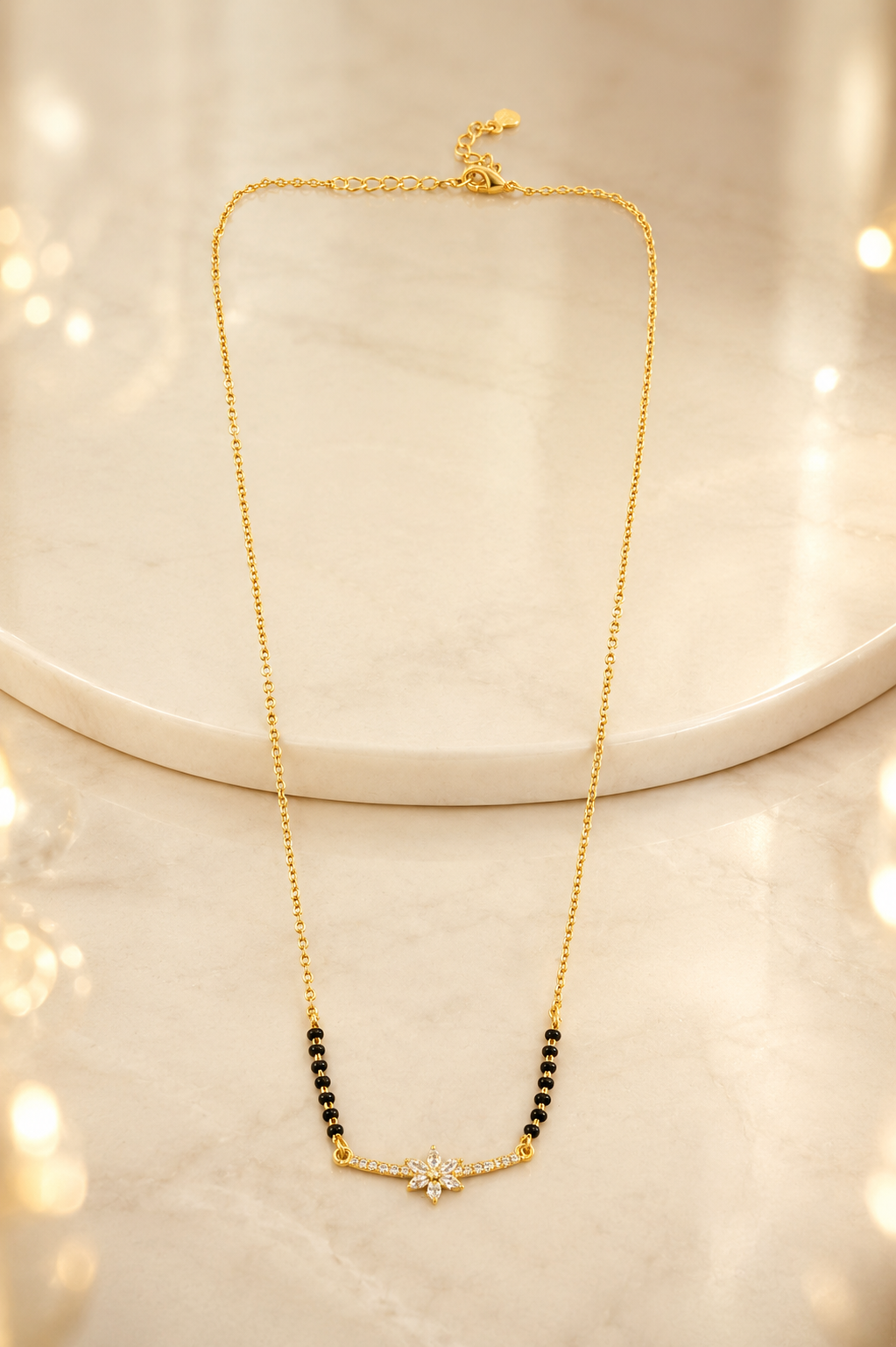 Elegant Gold-Plated CZ Floral Bar Mangalsutra for Women | Minimal Black Bead Chain Necklace | Traditional Daily Wear Jewellery