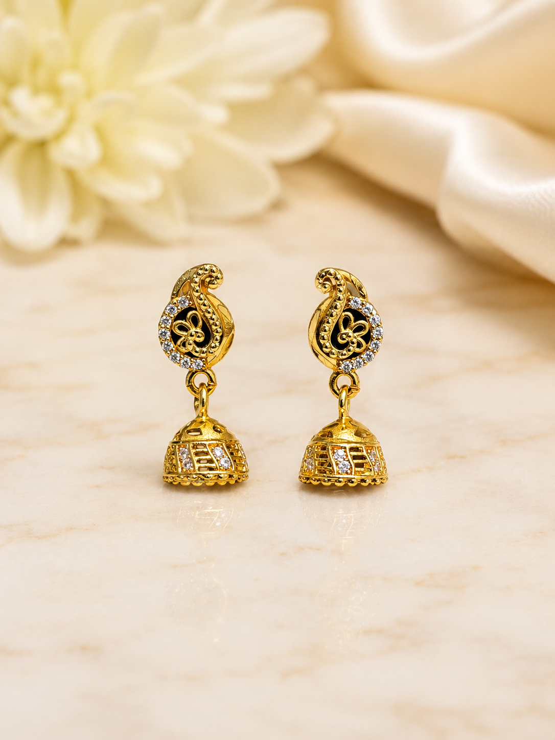 Floral Paisley Crystal Gold-Tone Bell Jhumka Earrings