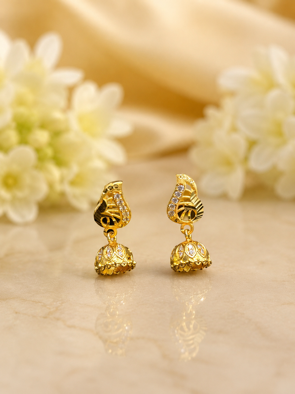 Elegant Gold-Plated Leaf Design Mini Jhumka Earrings with White Stones for Women