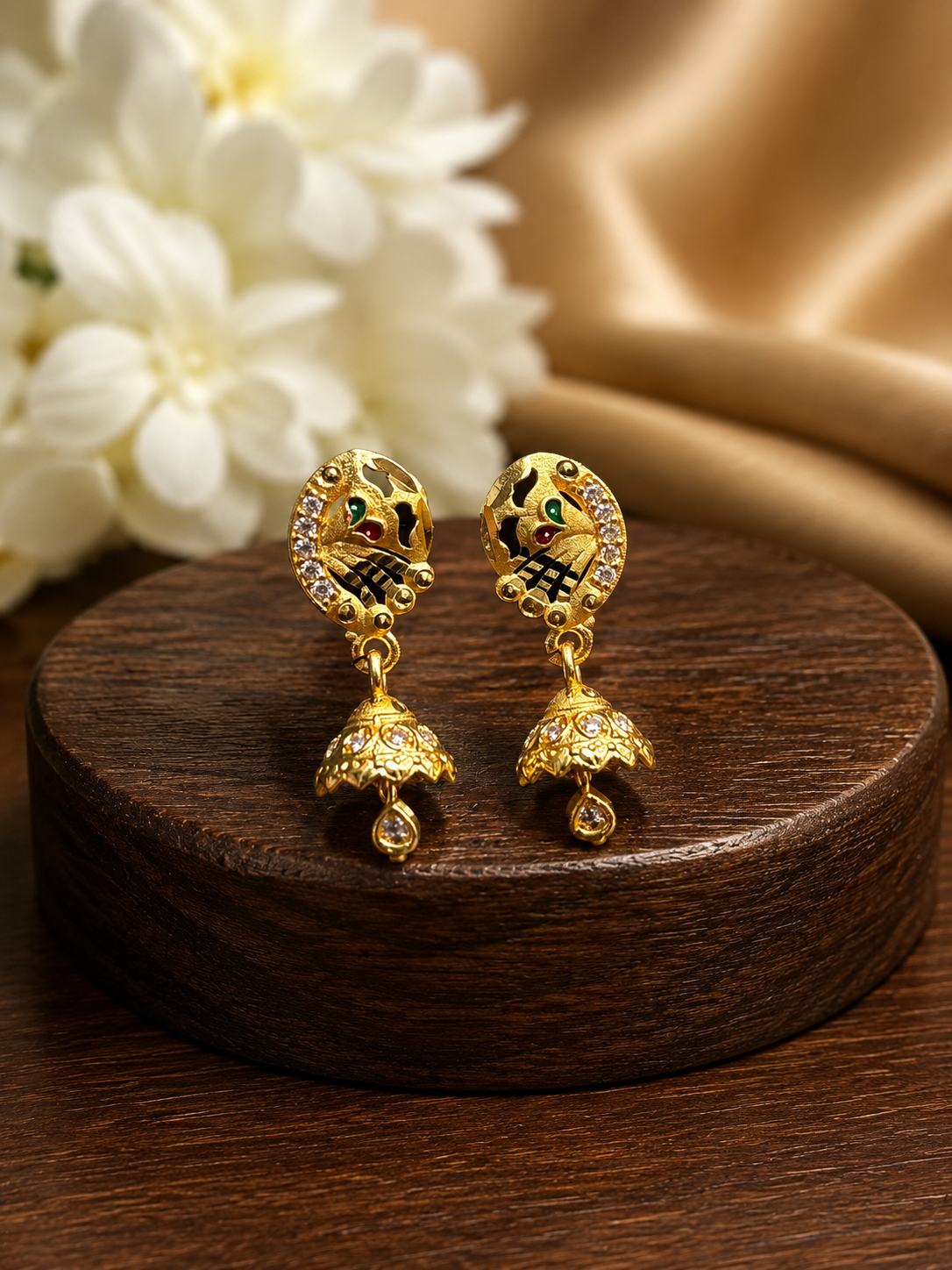 Royal Peacock Gold-Plated Jhumka Drop Earrings with Multicolor Enamel & Crystal Stones