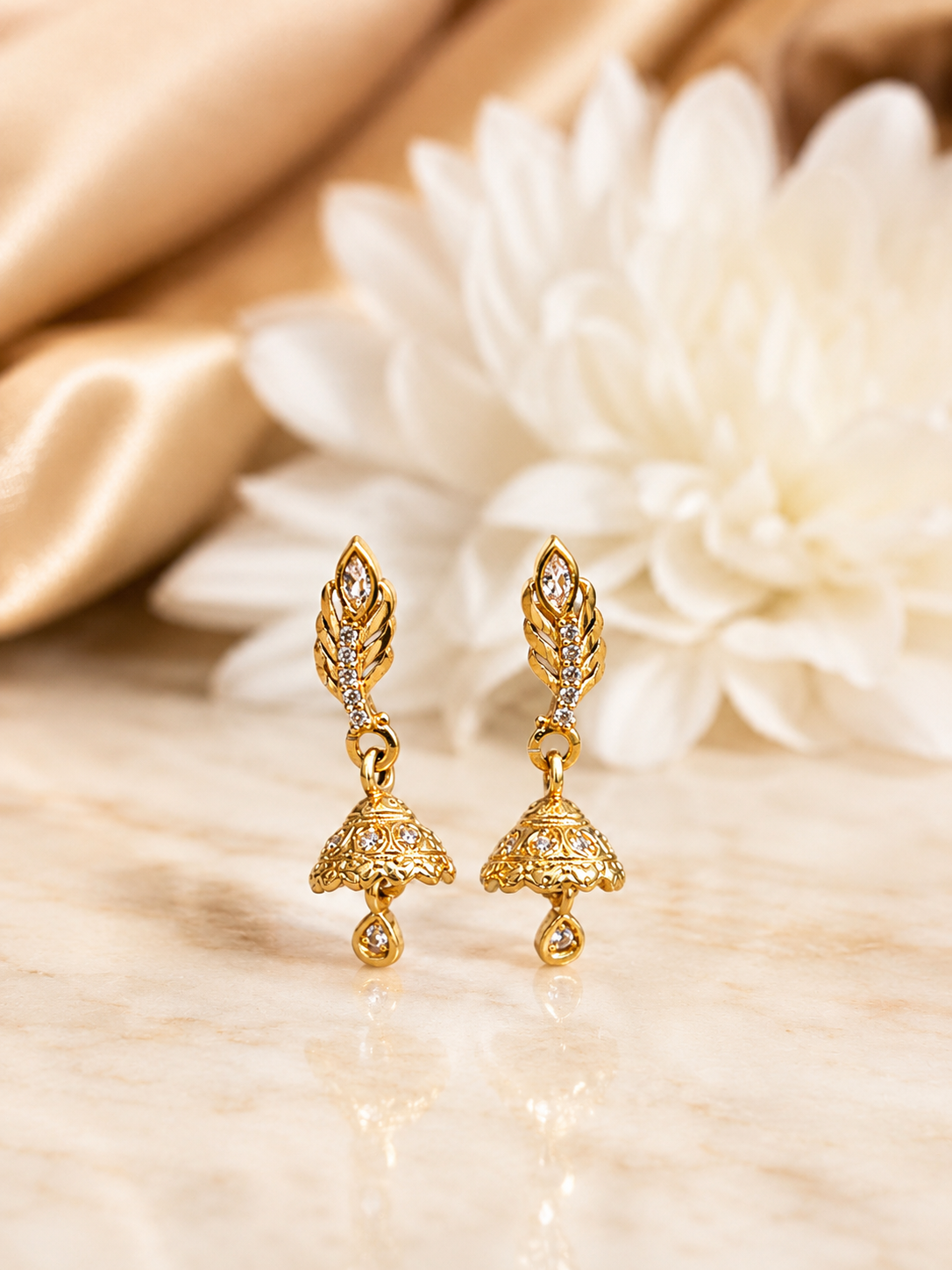 Elegant Gold-Tone Leaf Design Crystal Jhumka Drop Earrings
