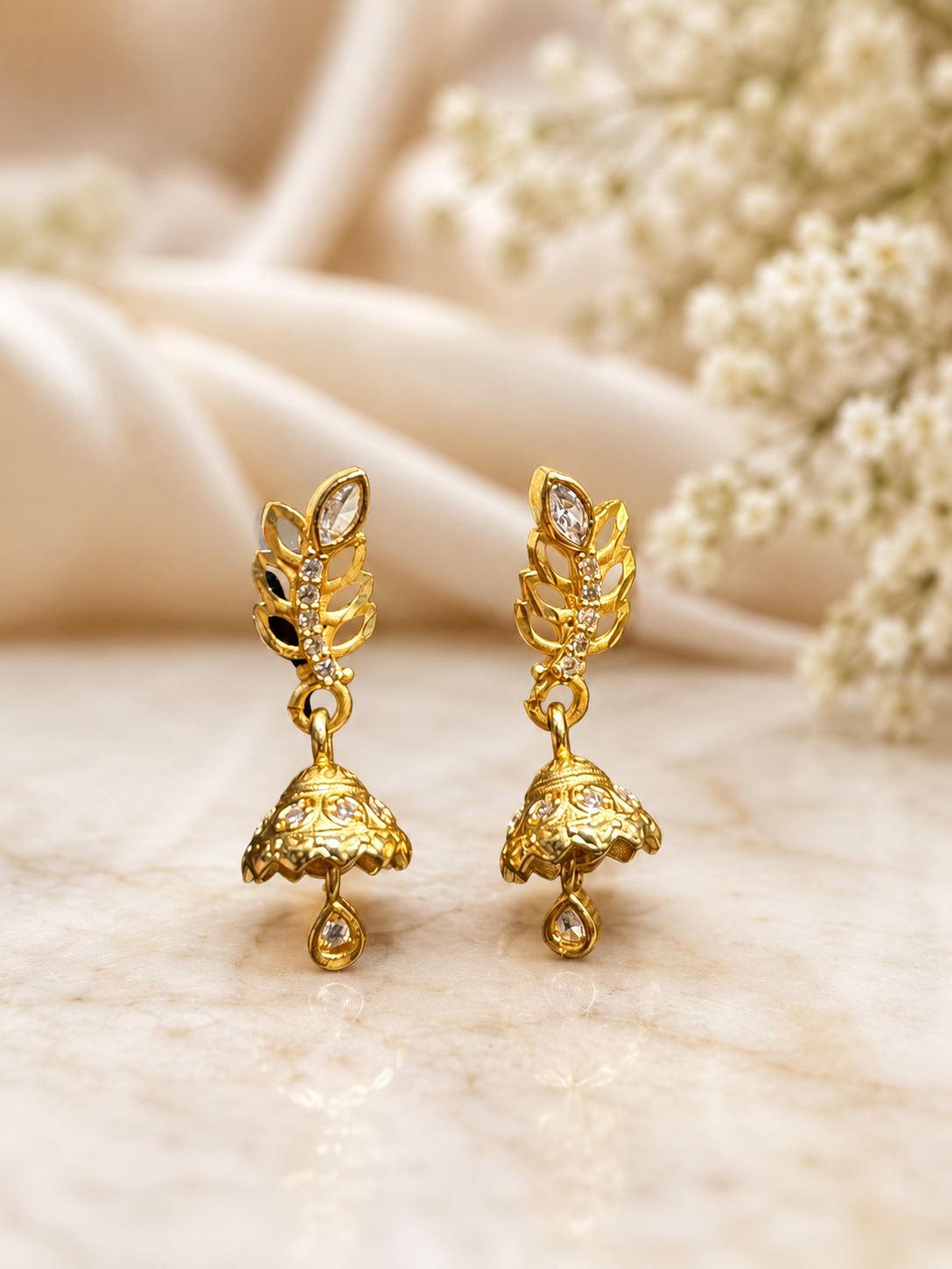 Crystal Leaf Gold-Tone Drop Jhumka Earrings