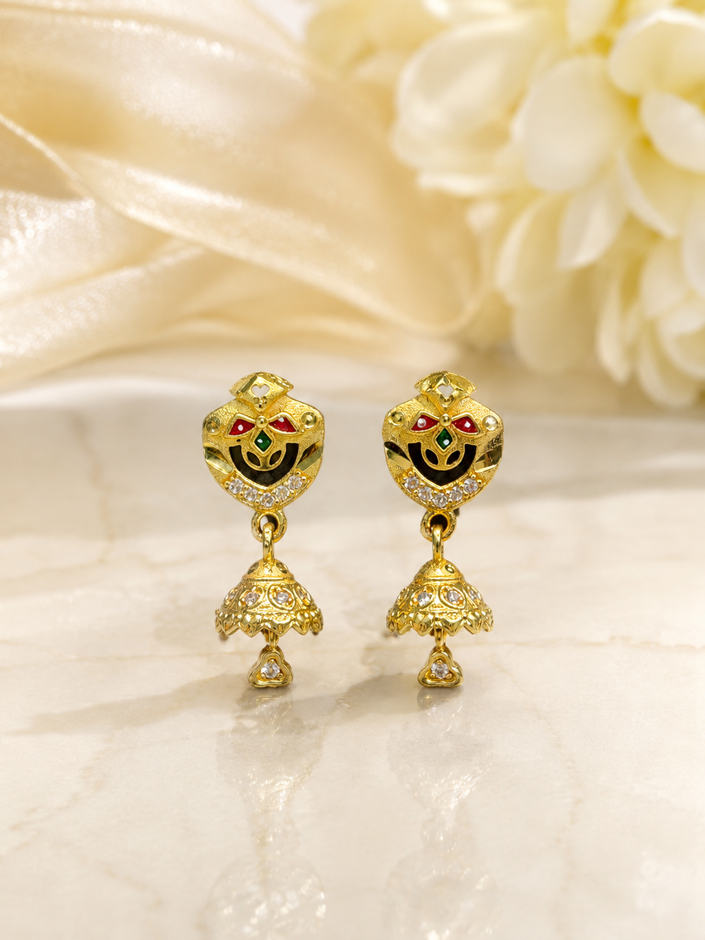 Traditional Meenakari Gold-Tone Jhumka Drop Earrings with Crystal Detailing