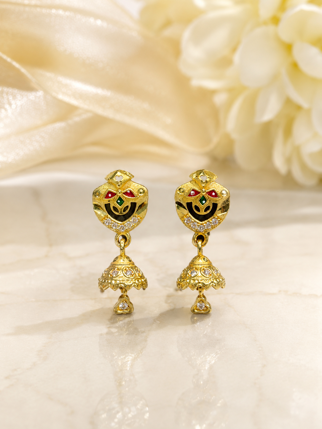 Traditional Meenakari Gold-Tone Jhumka Drop Earrings with Crystal Detailing