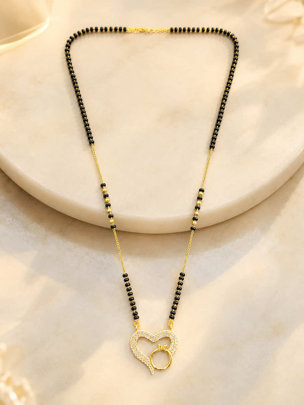 Gold-Plated CZ Heart Ring Design Mangalsutra for Women | Elegant Black Bead Chain Necklace | Minimal Daily Wear Jewellery