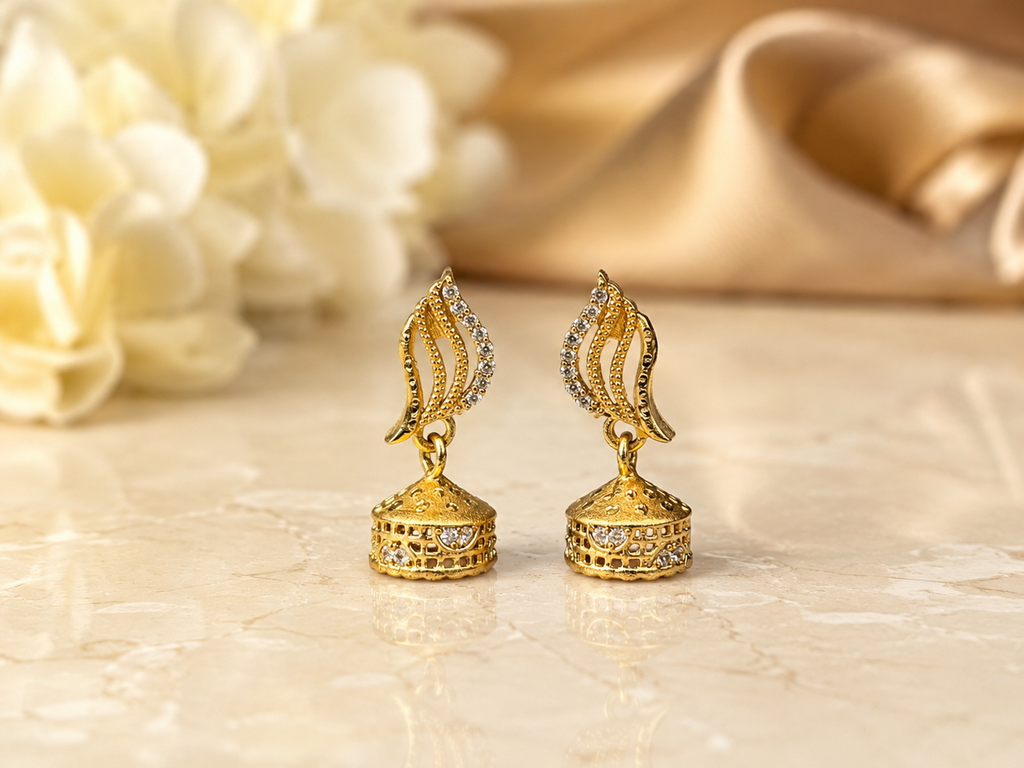 Gold-Plated Elegant Leaf AD Stone Jhumka Earrings for Women