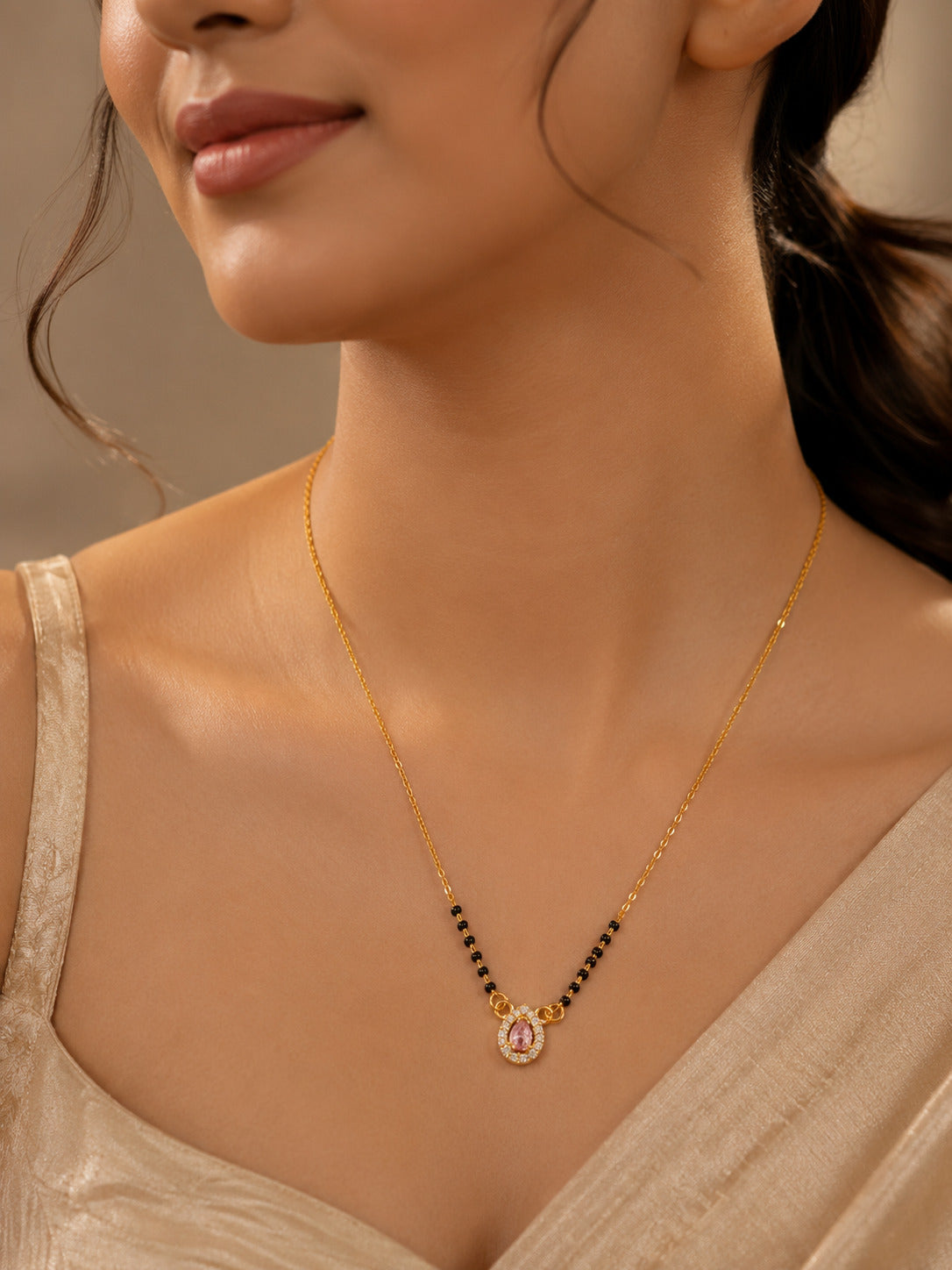 Gold-Tone Black Bead Pink Stone Pendant Mangalsutra Necklace for Women
