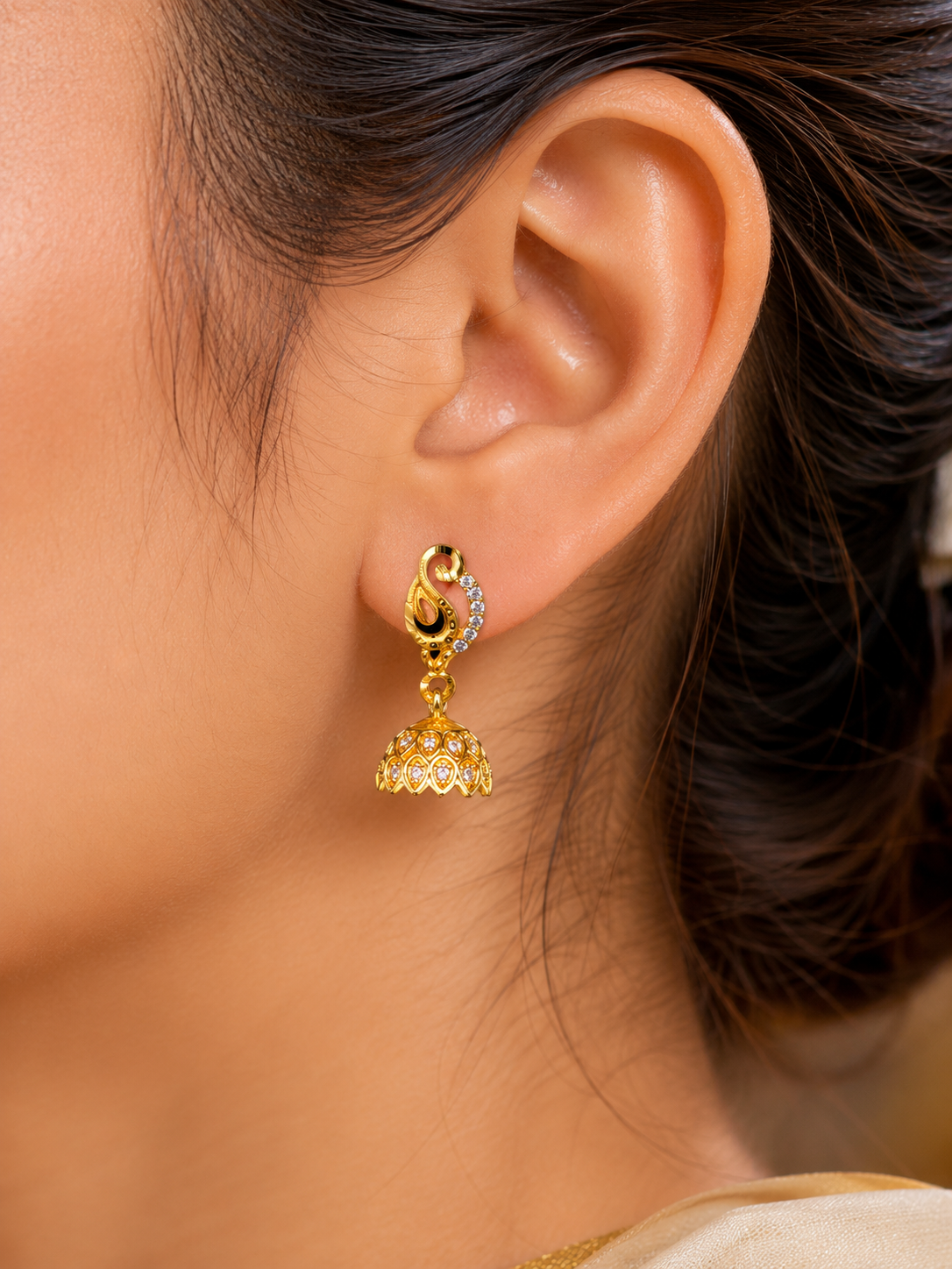 Elegant Gold Plated American Diamond Peacock Design Jhumka Earrings for Women