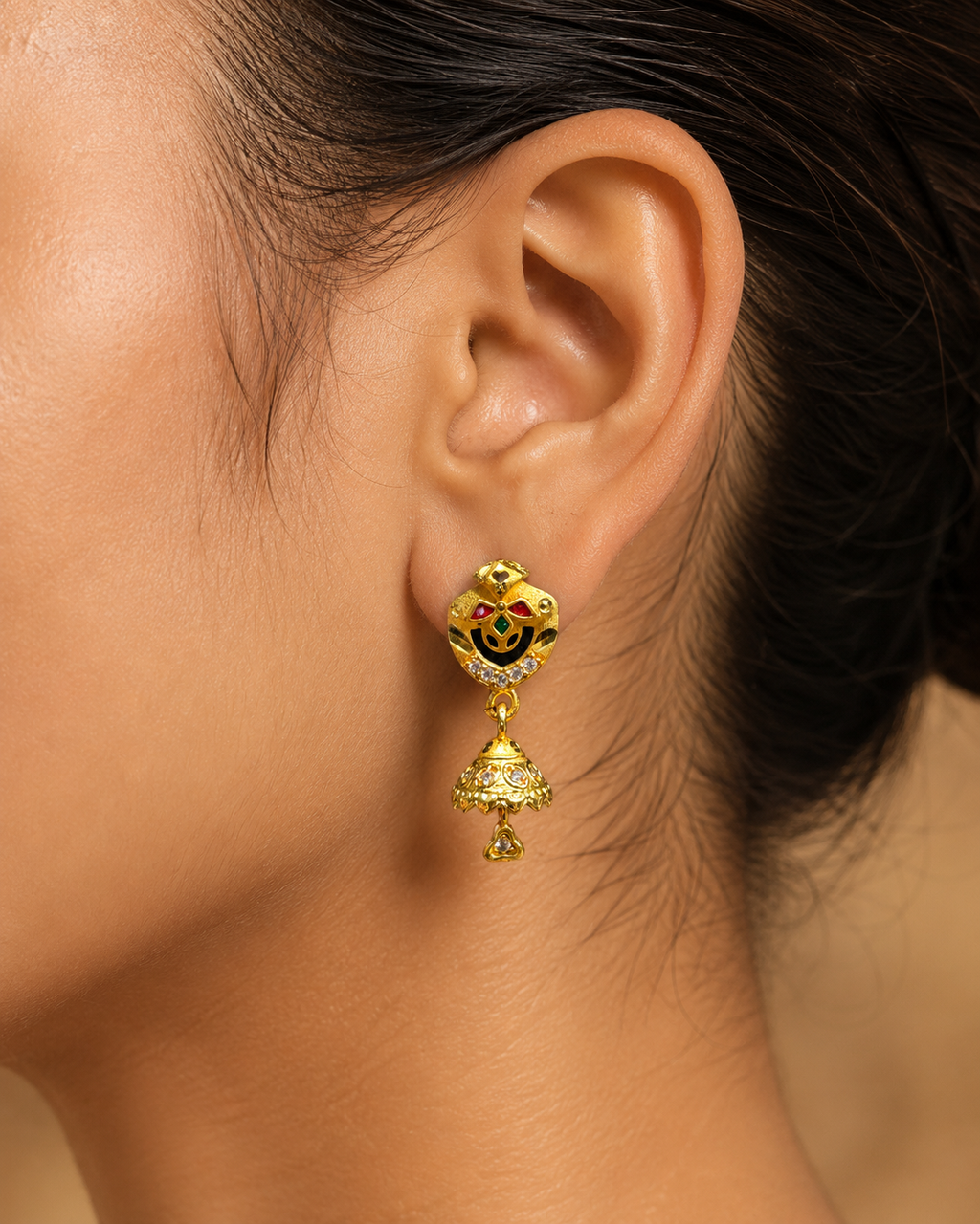 Traditional Meenakari Gold-Tone Jhumka Drop Earrings with Crystal Detailing