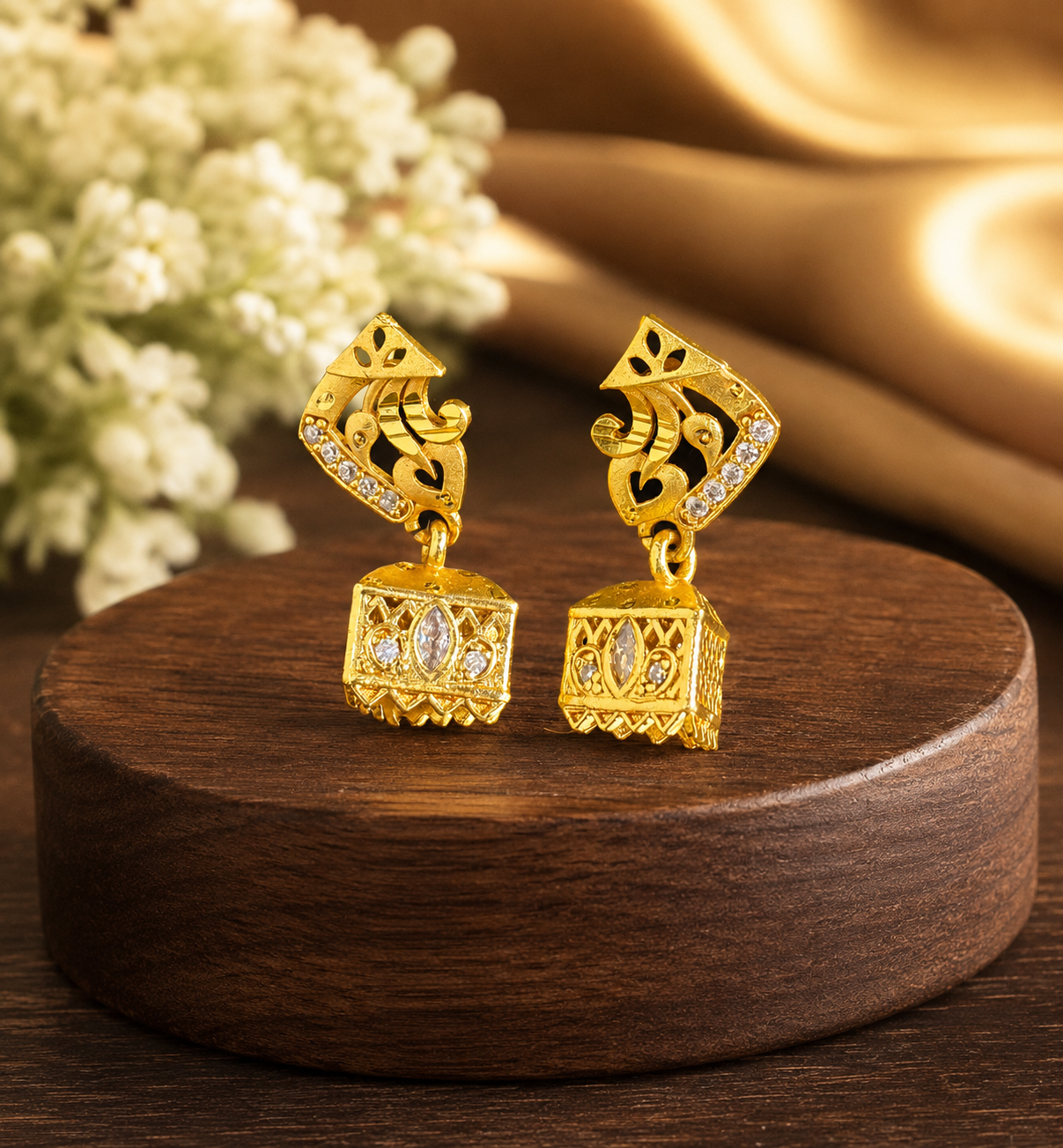 Gold-Tone Stone Studded Geometric Jhumka Earrings for Women