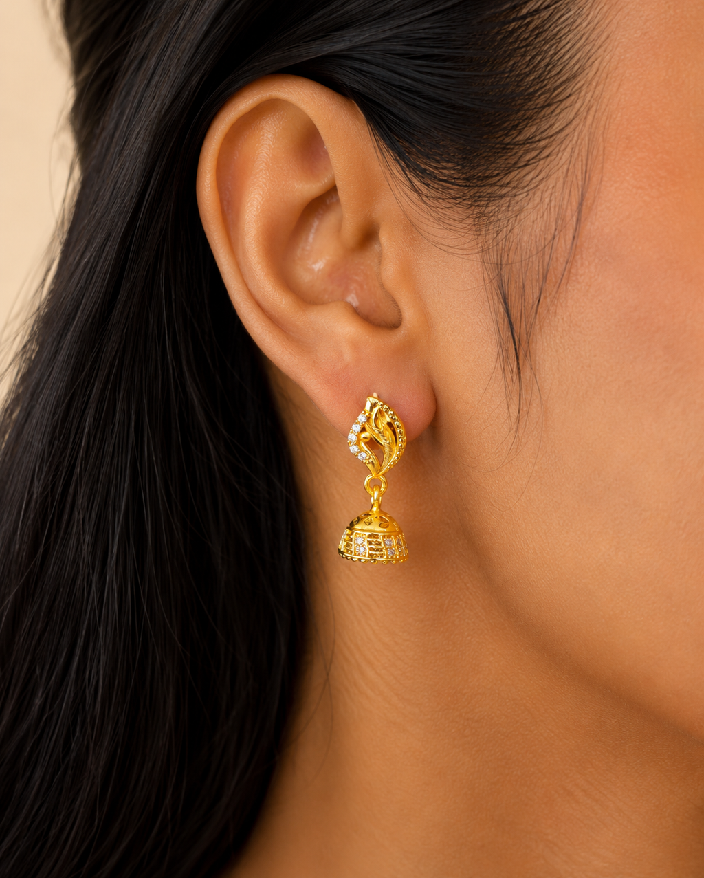Elegant Leaf Crystal Gold-Tone Jhumka Earrings