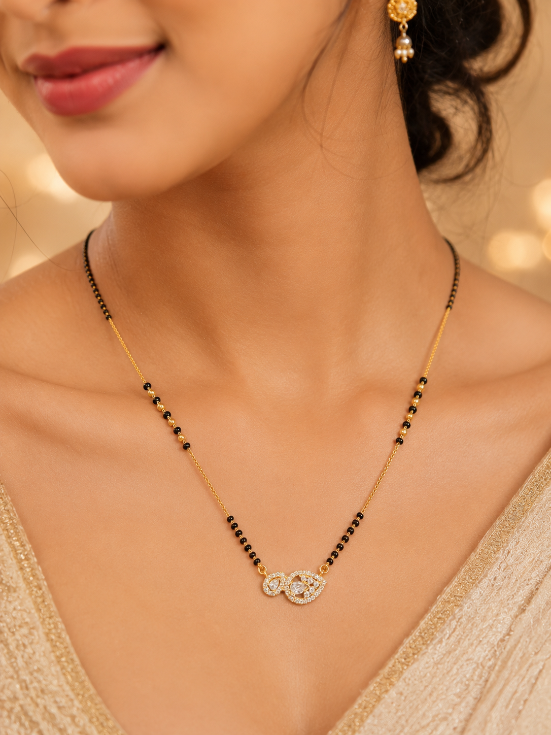 Elegant Gold-Plated CZ Infinity Mangalsutra for Women | Minimal Black Bead Chain Necklace | Traditional Daily Wear Jewellery