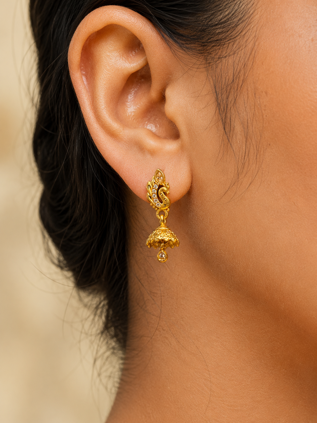 Golden Peacock Jhumka Drop Earrings with Crystal Stones