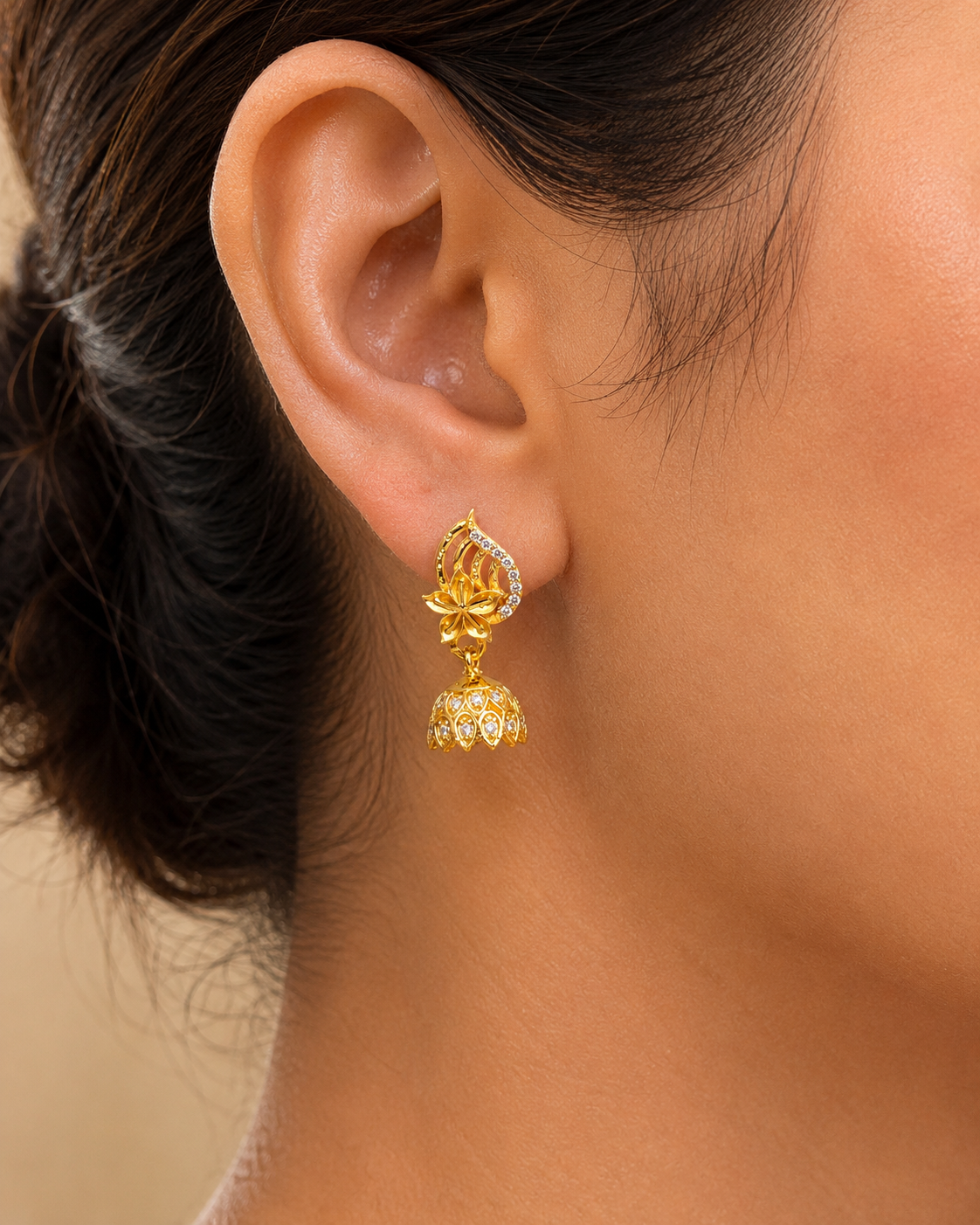 Golden Floral Leaf Design CZ Jhumka Earrings for Women