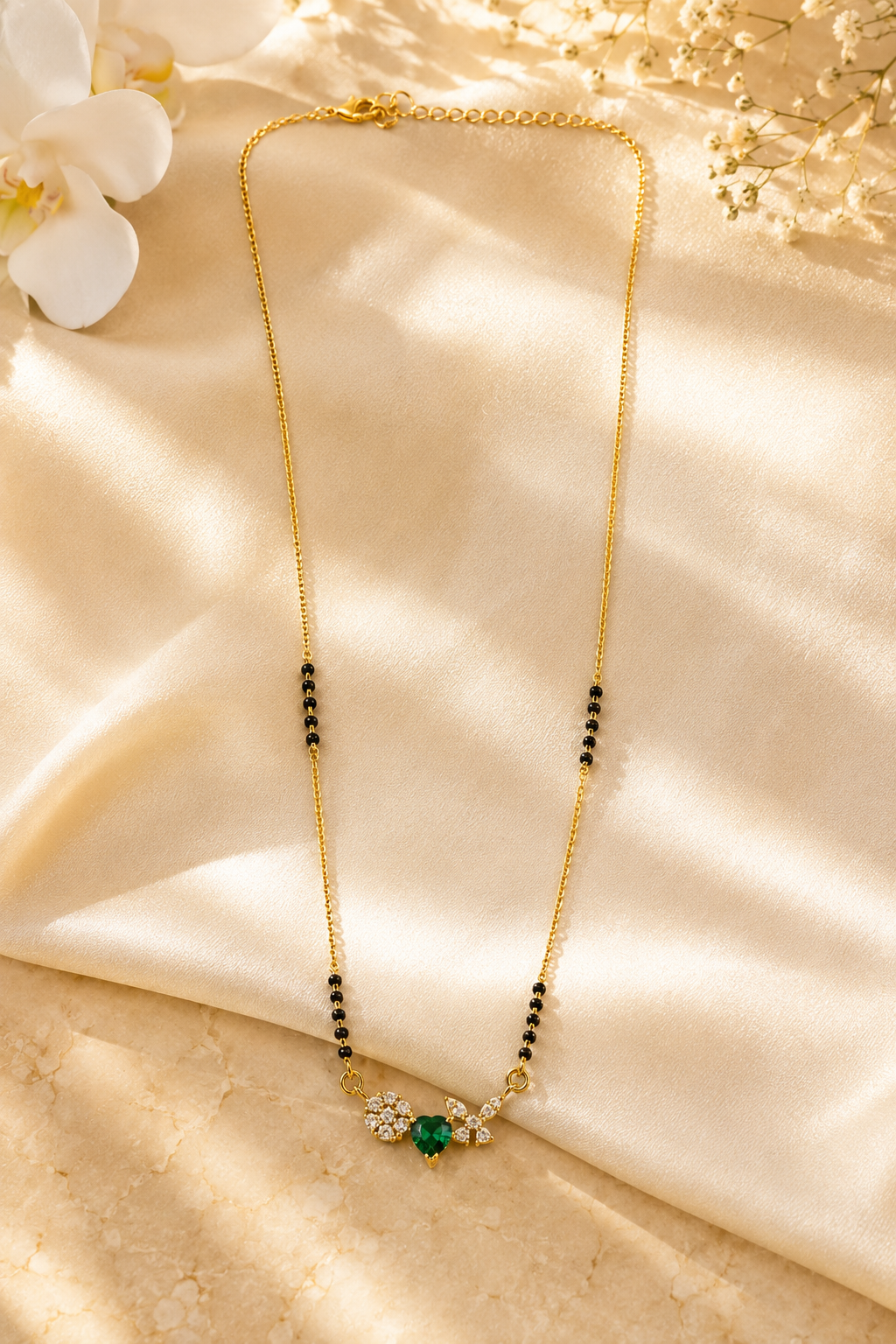 Gold-Plated Green Heart CZ Mangalsutra for Women | Floral & Butterfly Pendant Black Bead Chain Necklace | Elegant Daily Wear Jewellery