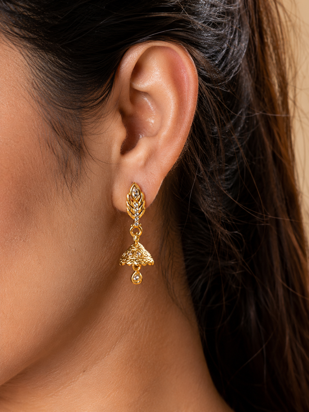 Elegant Gold-Tone Leaf Design Crystal Jhumka Drop Earrings