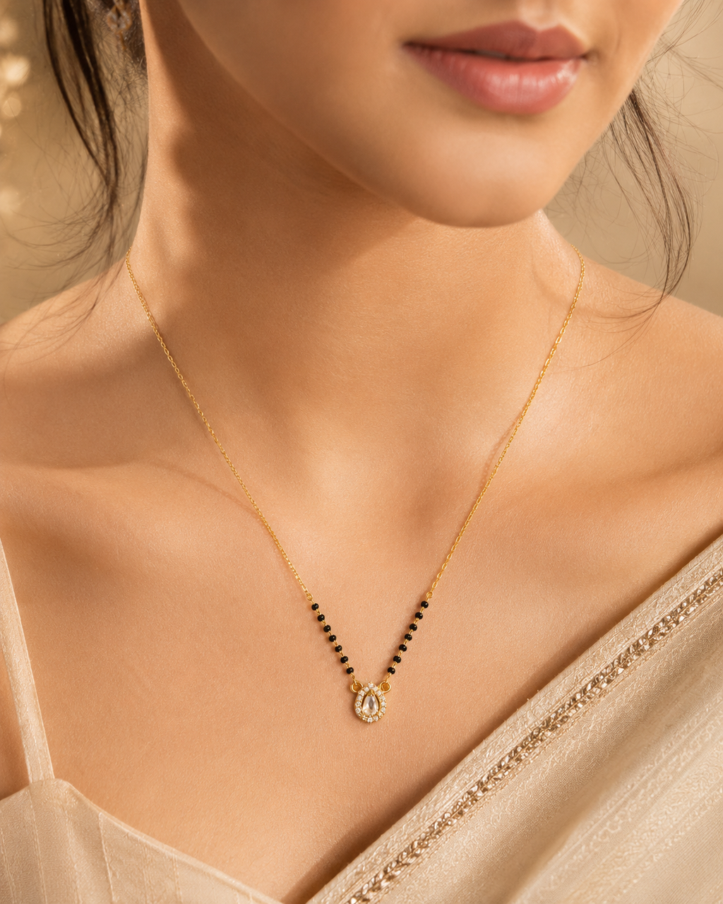 Elegant Gold-Plated CZ Teardrop Halo Mangalsutra for Women | Minimal Black Bead Chain | Traditional Daily Wear Necklace