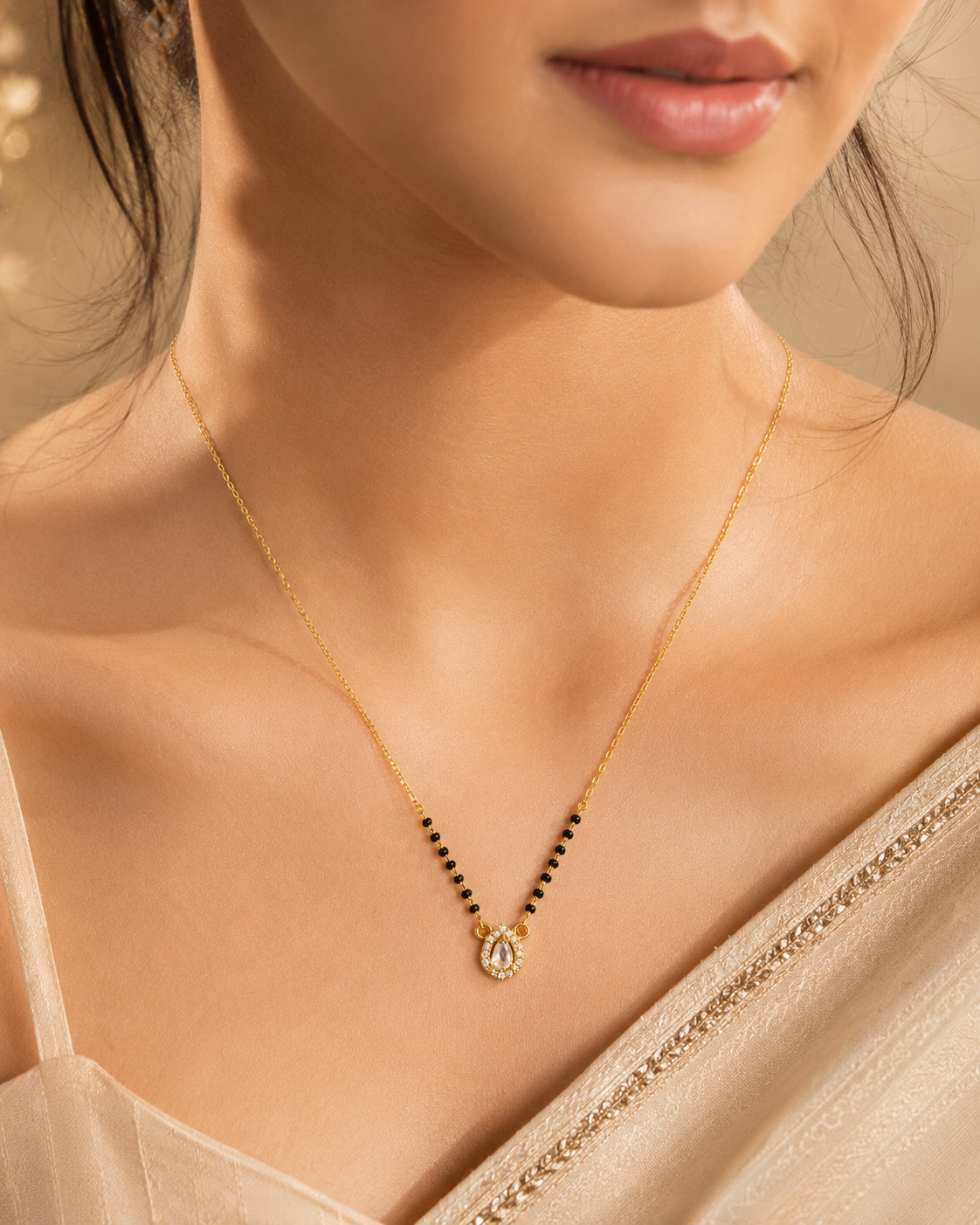 Elegant Gold-Plated CZ Teardrop Halo Mangalsutra for Women | Minimal Black Bead Chain | Traditional Daily Wear Necklace