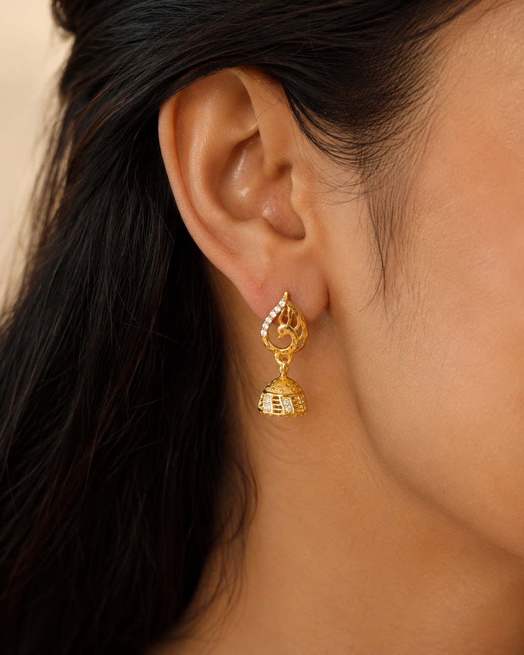 Gold-Plated Peacock AD Stone Jhumka Earrings for Women