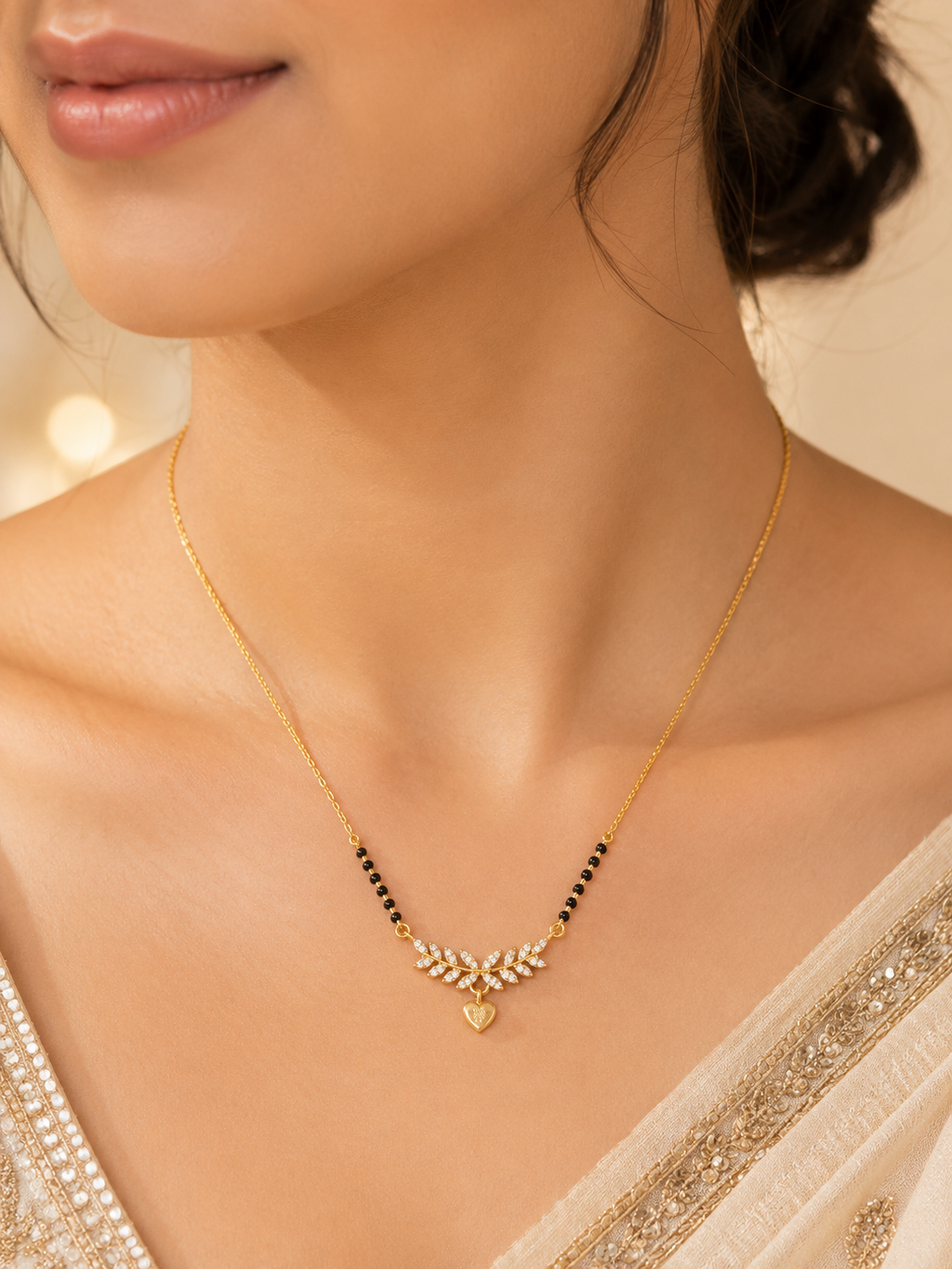 Elegant Gold-Plated CZ Leaf Heart Mangalsutra for Women | Minimal Black Bead Chain Necklace | Traditional Daily Wear Jewellery