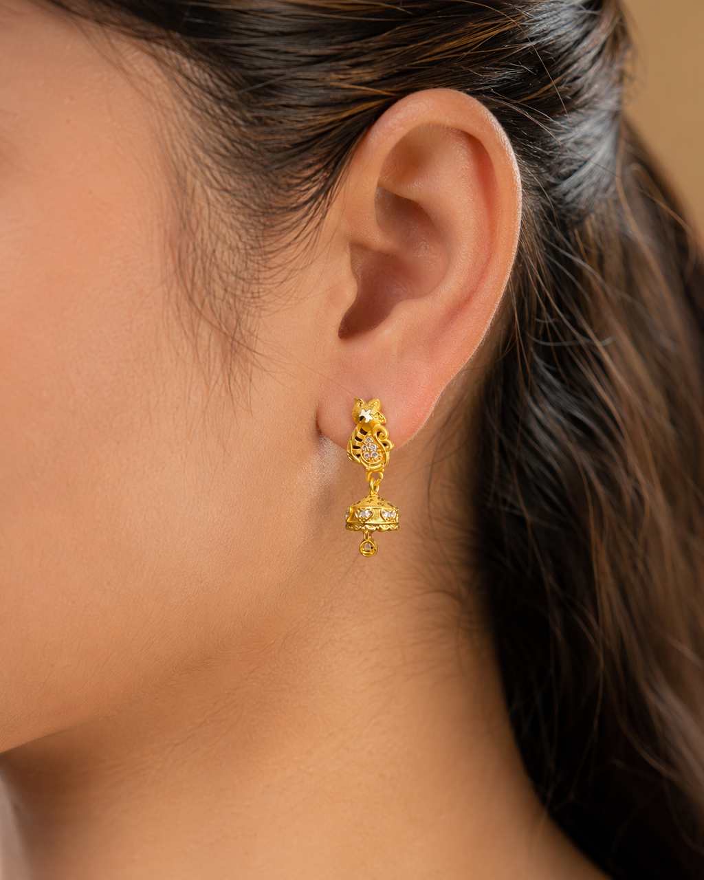 Elegant Gold-Tone Peacock Jhumka Earrings with Crystal Detailing