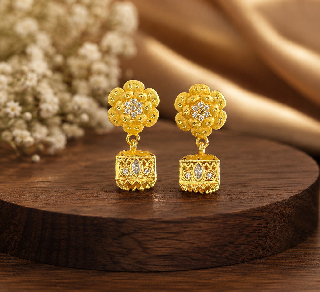 Gold-Tone Floral Stone Studded Square Jhumka Earrings for Women
