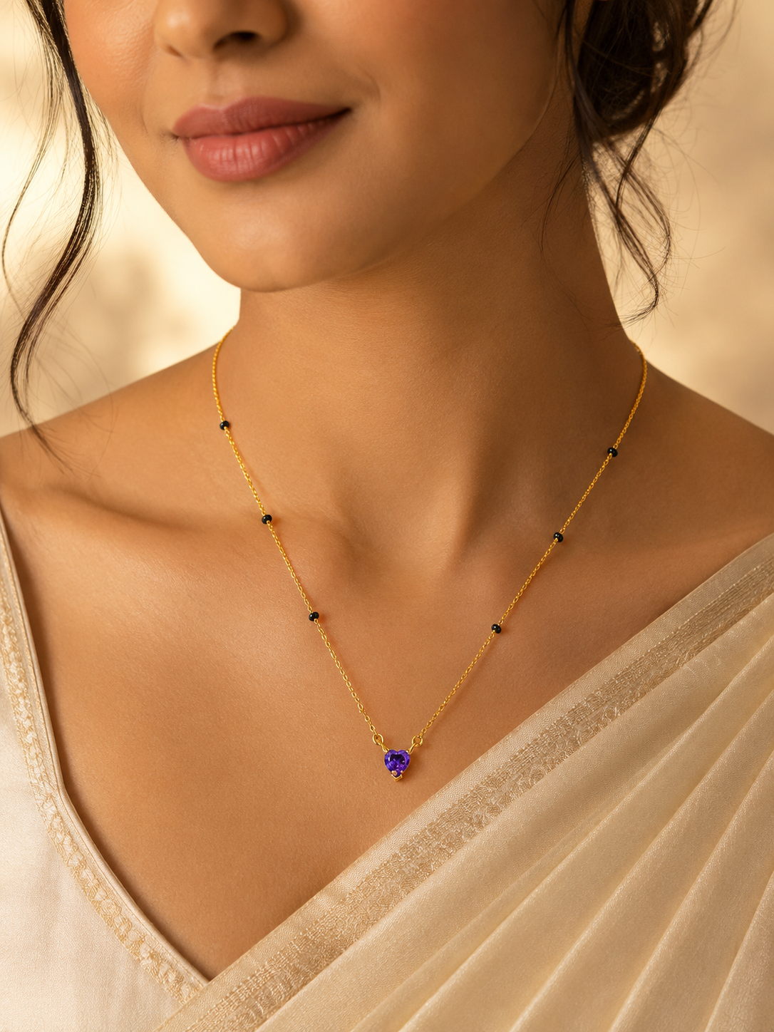 Gold-Tone Black Bead Blue Heart Pendant Mangalsutra Necklace for Women