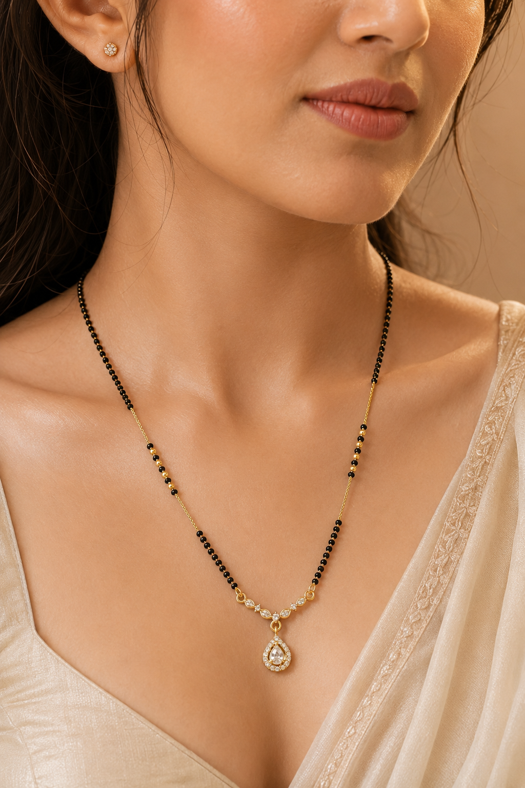 Gold-Plated CZ Teardrop Pendant Mangalsutra for Women | Elegant Black Bead Chain Necklace | Minimal Daily Wear Traditional Jewellery