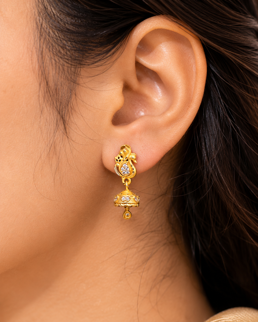 Golden Peacock Design Jhumka Earrings with Sparkling Stone Work