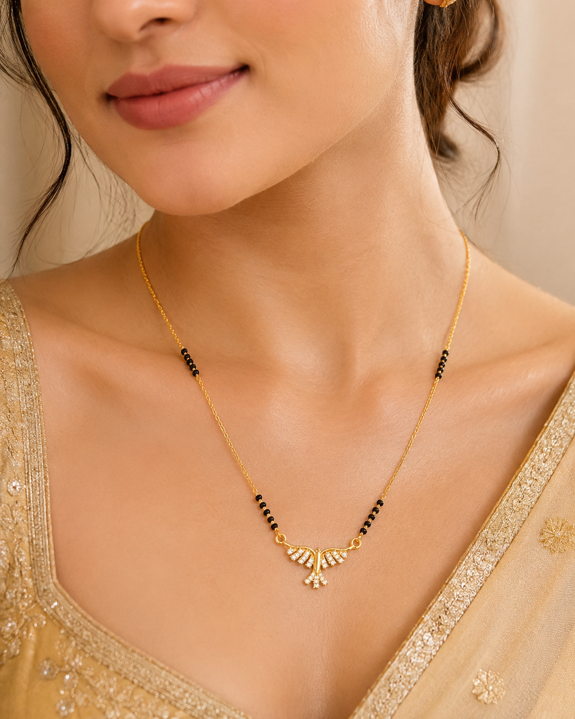 Elegant Gold-Plated CZ Bird Pendant Mangalsutra for Women | Minimal Black Bead Chain | Traditional & Daily Wear Necklace