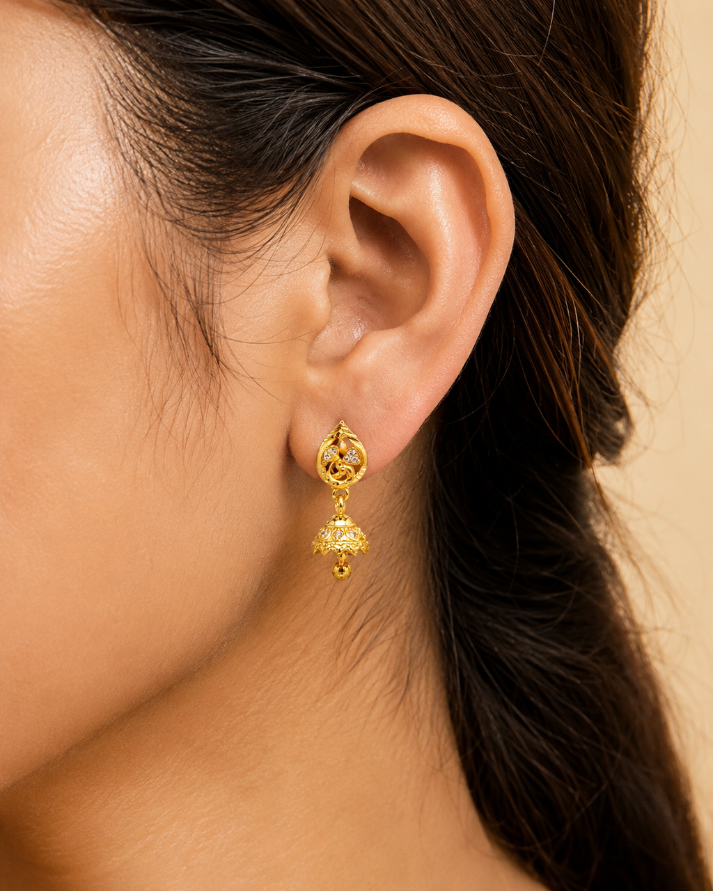 Golden Peacock Leaf Drop Jhumka Earrings with Sparkling Stone Work