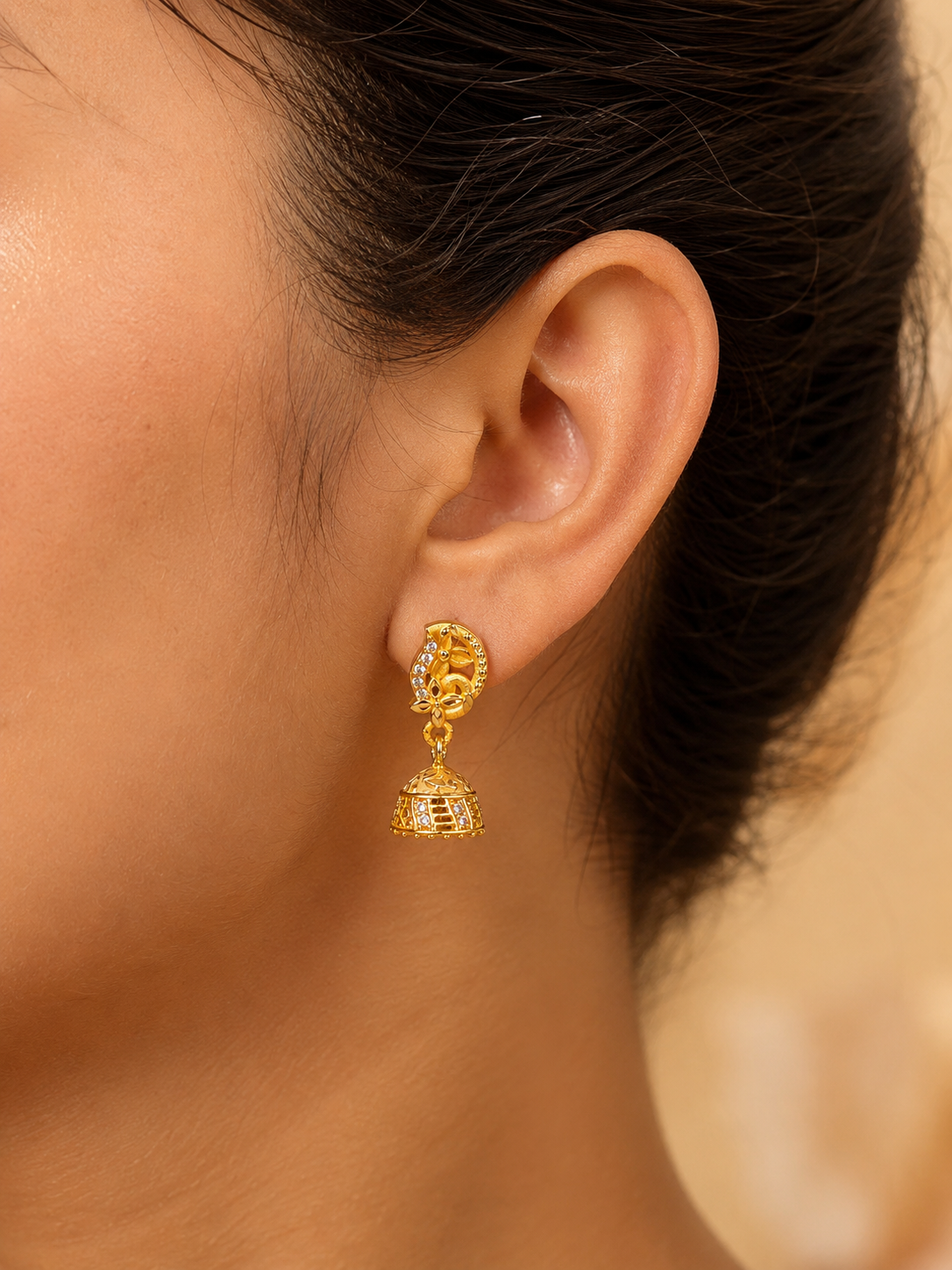 Peacock Floral Gold-Plated Jhumka Earrings with Crystal Stone Detailing