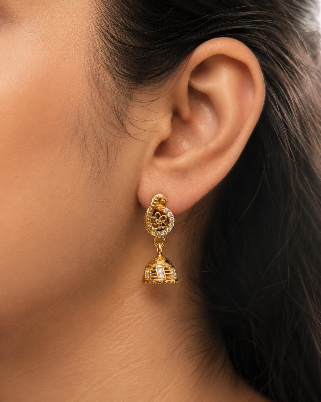 Floral Paisley Crystal Gold-Tone Bell Jhumka Earrings