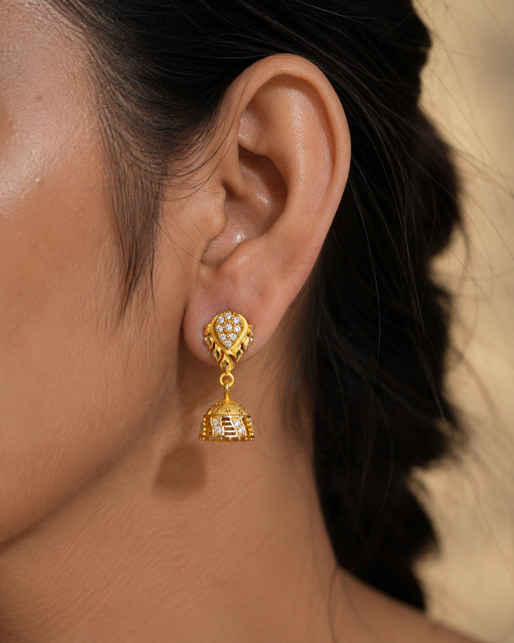 Gold-Plated Floral AD Stone Drop Jhumka Earrings for Women