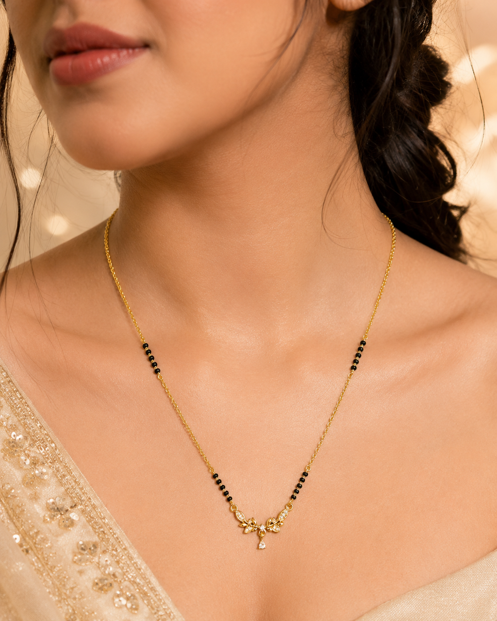 Elegant Gold-Plated CZ Leaf Vine Mangalsutra for Women | Minimal Black Bead Chain | Traditional & Daily Wear Necklace