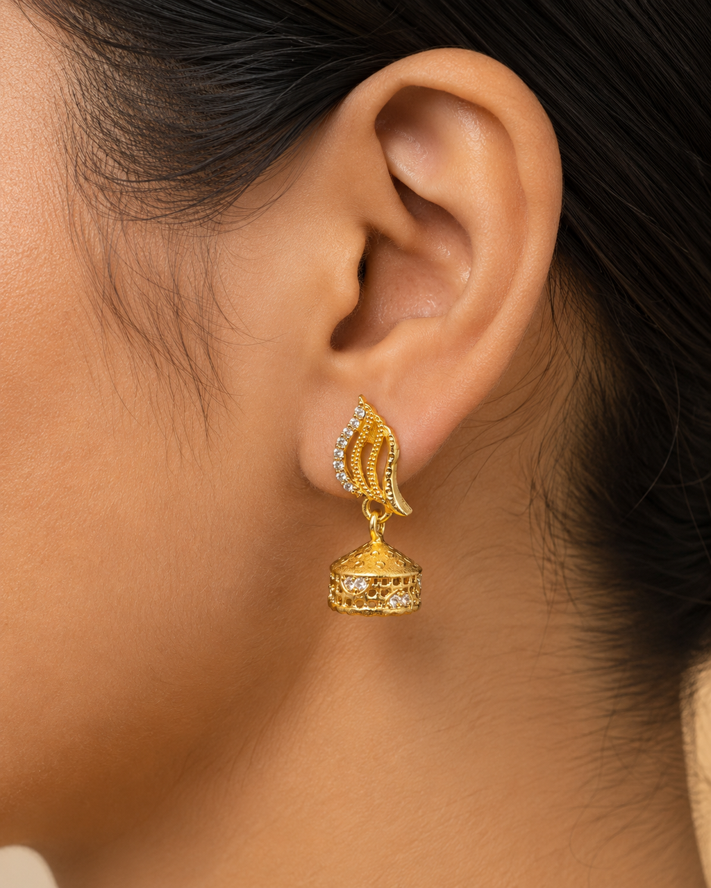 Gold-Plated Elegant Leaf AD Stone Jhumka Earrings for Women
