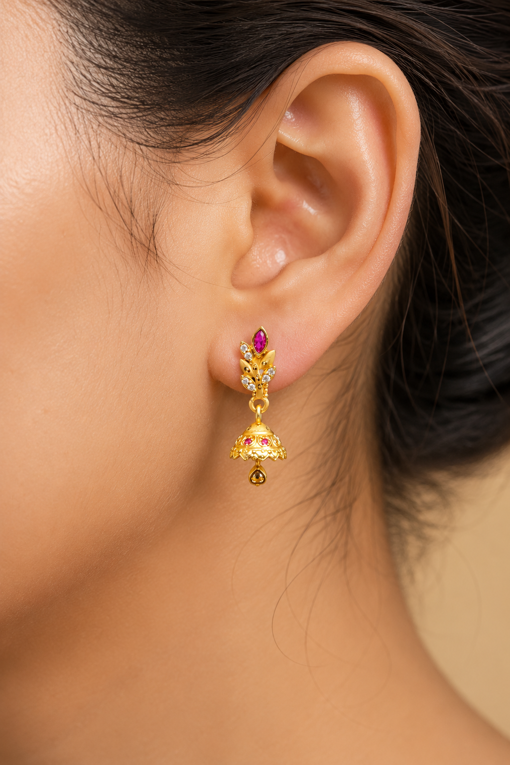 Ruby Blossom Gold-Tone Mini Jhumka Earrings