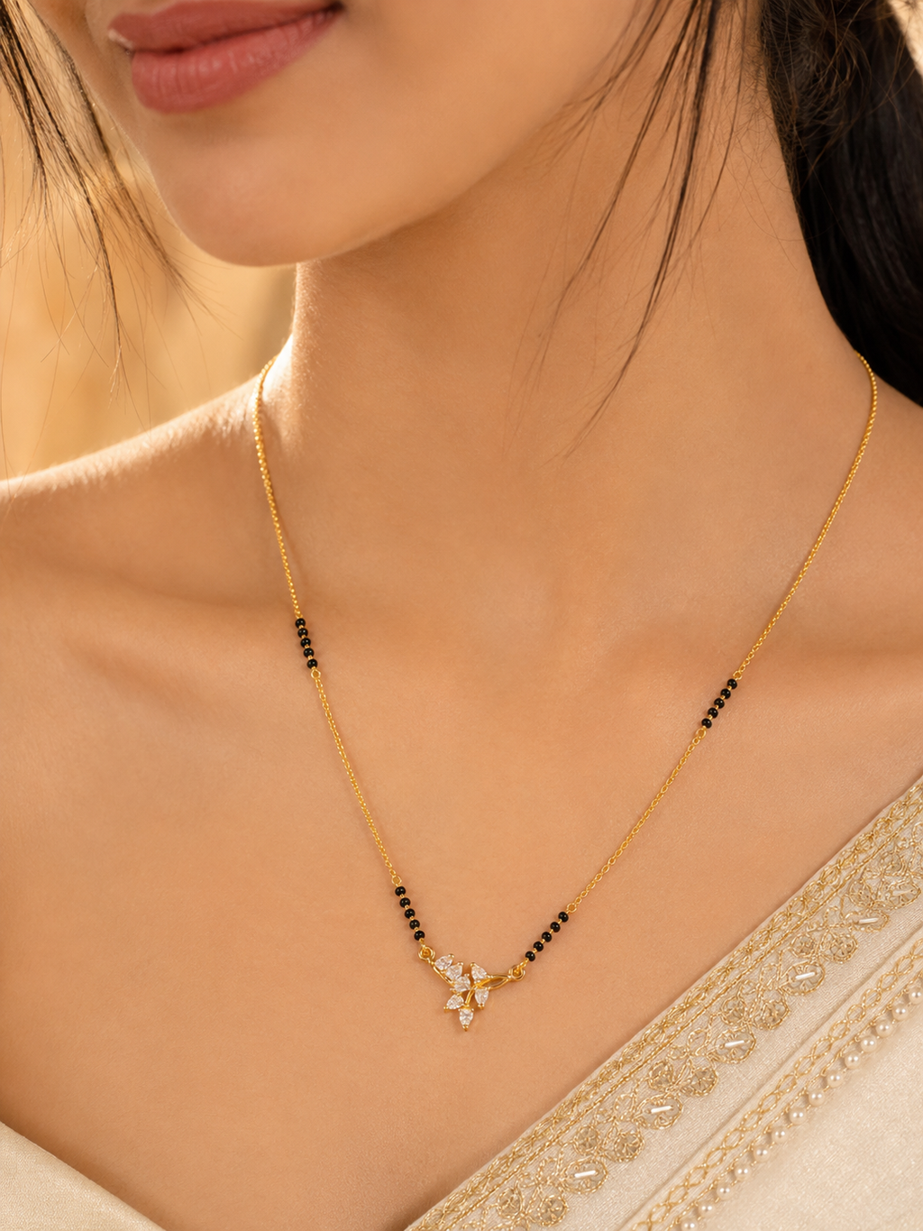 Elegant Gold-Plated Floral CZ Mangalsutra Necklace for Women | Minimalist Black Bead Chain | Traditional & Daily Wear Jewellery