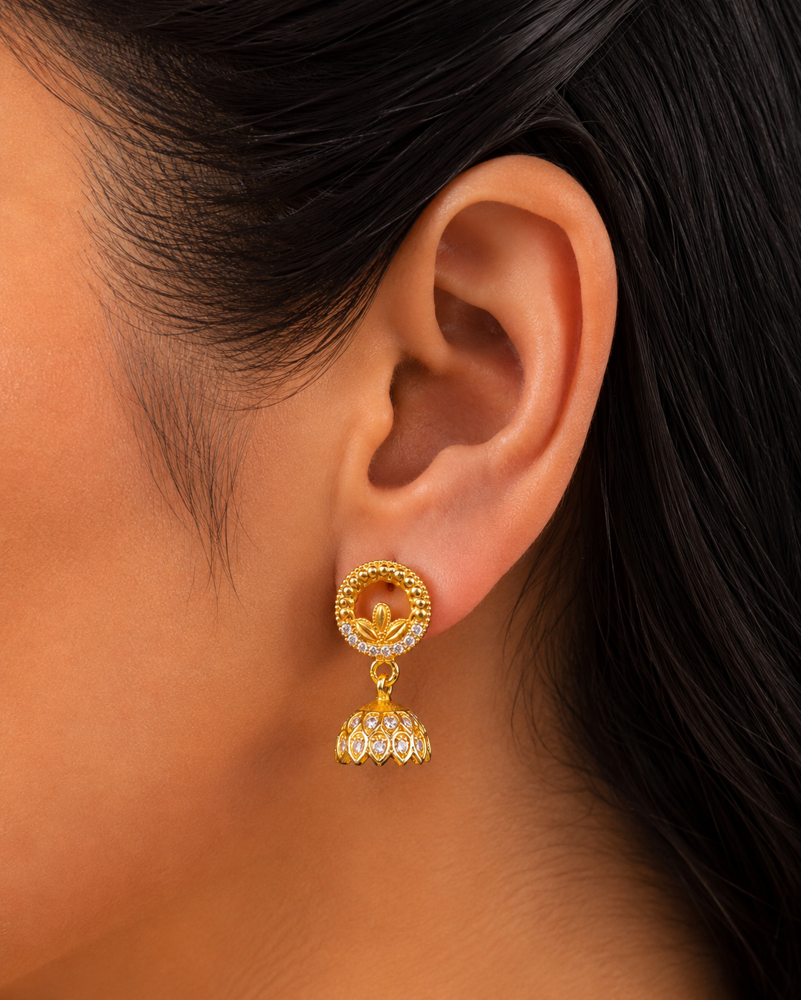 Traditional Gold-Plated Lotus Jhumka Earrings with Sparkling Stone Work