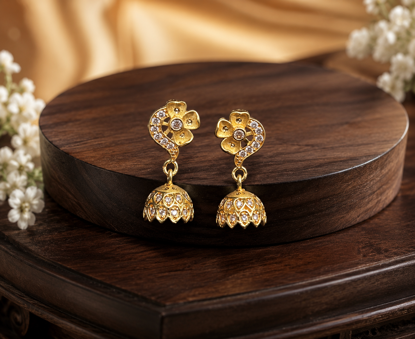 Elegant Gold-Plated Floral CZ Jhumka Earrings for Women