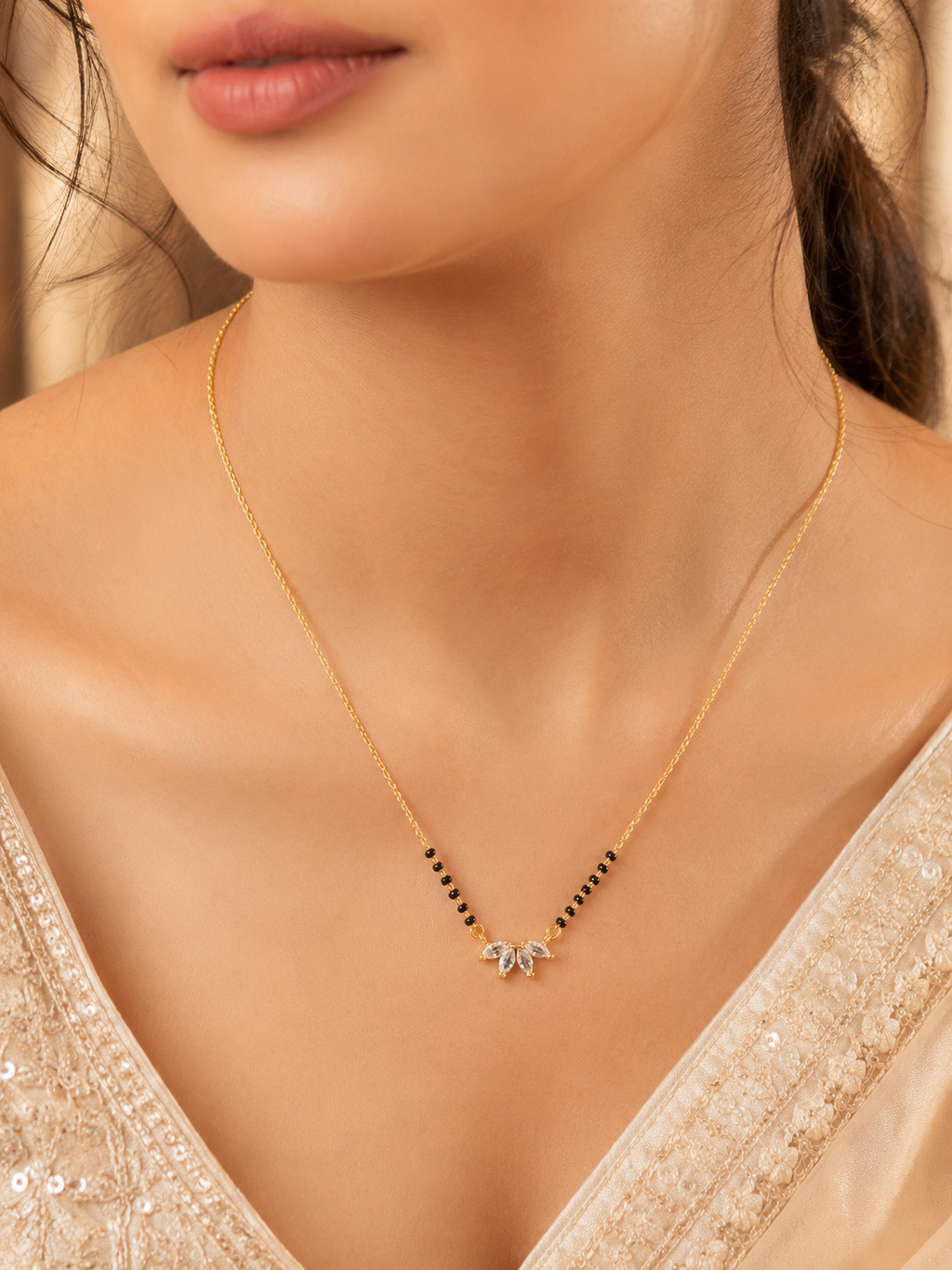 Elegant Gold-Plated CZ Floral Mangalsutra for Women | Minimal Black Bead Chain Necklace | Traditional Daily Wear Jewellery