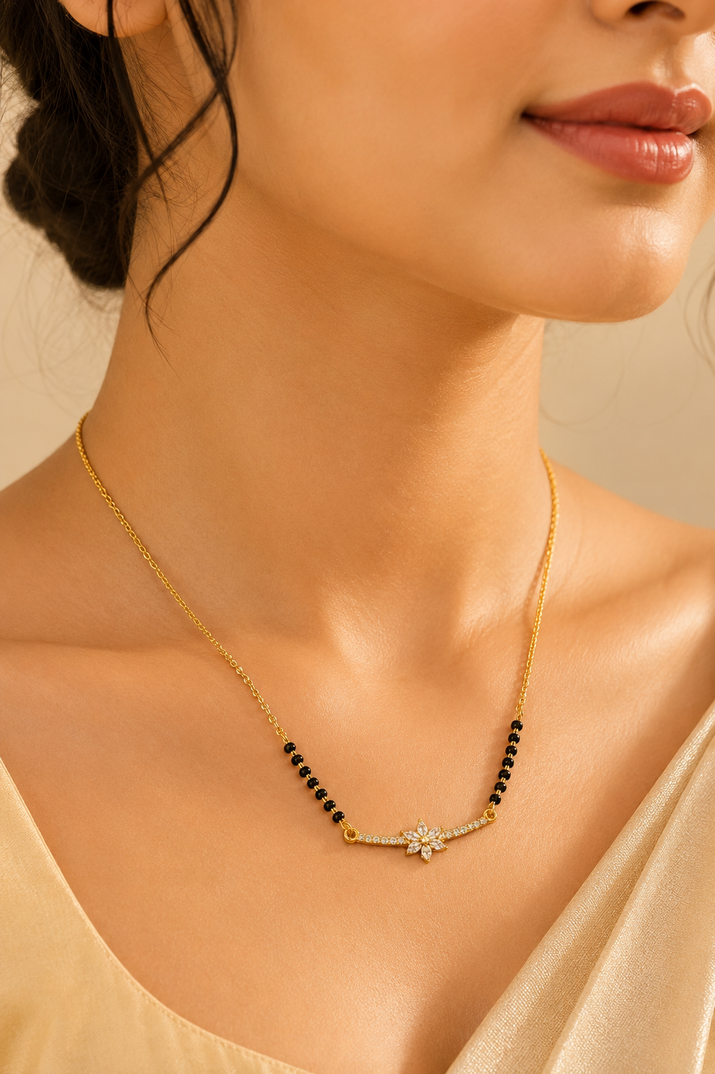Elegant Gold-Plated CZ Floral Bar Mangalsutra for Women | Minimal Black Bead Chain Necklace | Traditional Daily Wear Jewellery